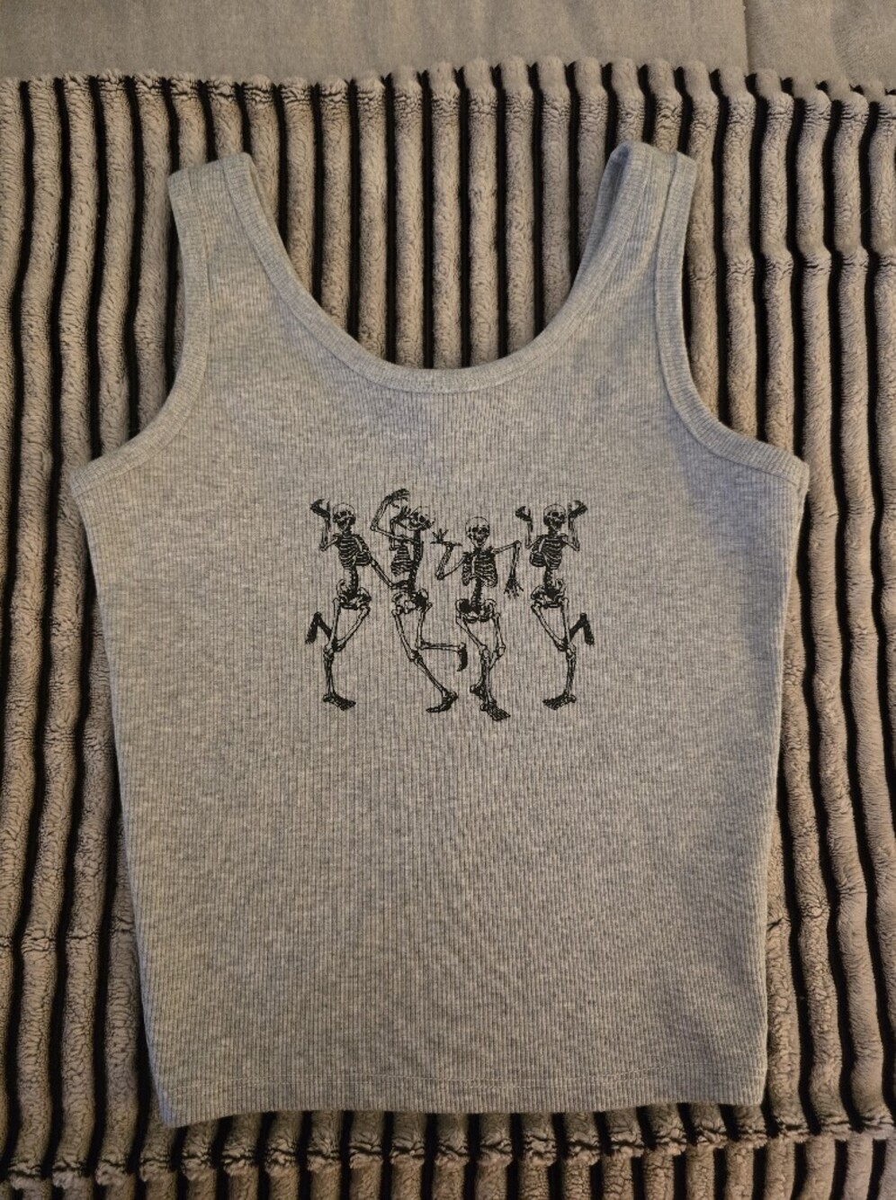 Halloween Grey Ribbed Tank Top with Dancing Skeletons Fall Tops